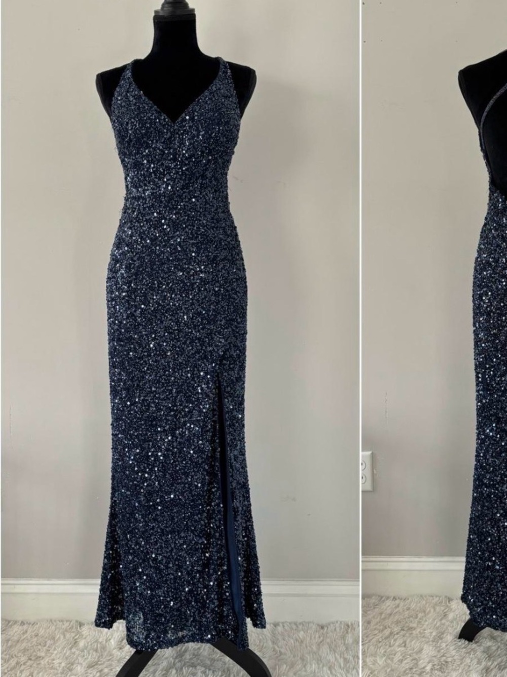 Scala Navy Sequin V-Neck Evening Gown